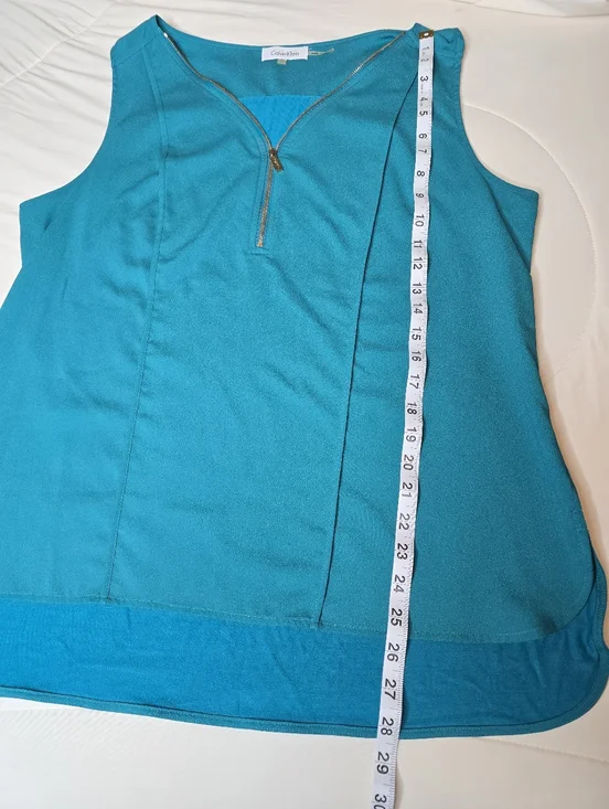 Calvin Klein Teal Sleeveless Blouse XL Gold Zip High Low Top - Picture 8 of 8